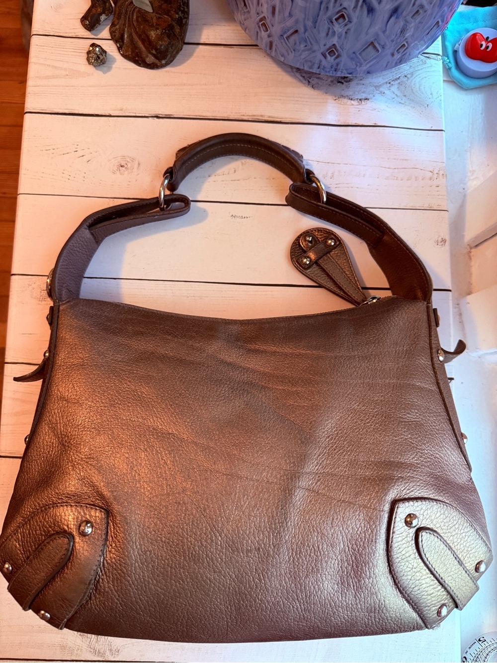 Furla | Vintage Metallic Taupe Pebbled Leather Hobo‎ Shoulder Bag - Picture 4 of 15